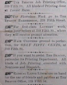 Advertisments for The Beacon Job Printing Office, Barbershop, Laundry, and radical literature